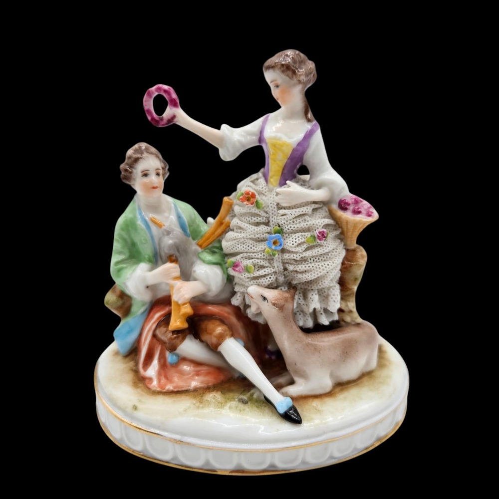 Vintage Porcelain Victorian Courting Couple Lace Figurine Man and Woman 4.5"